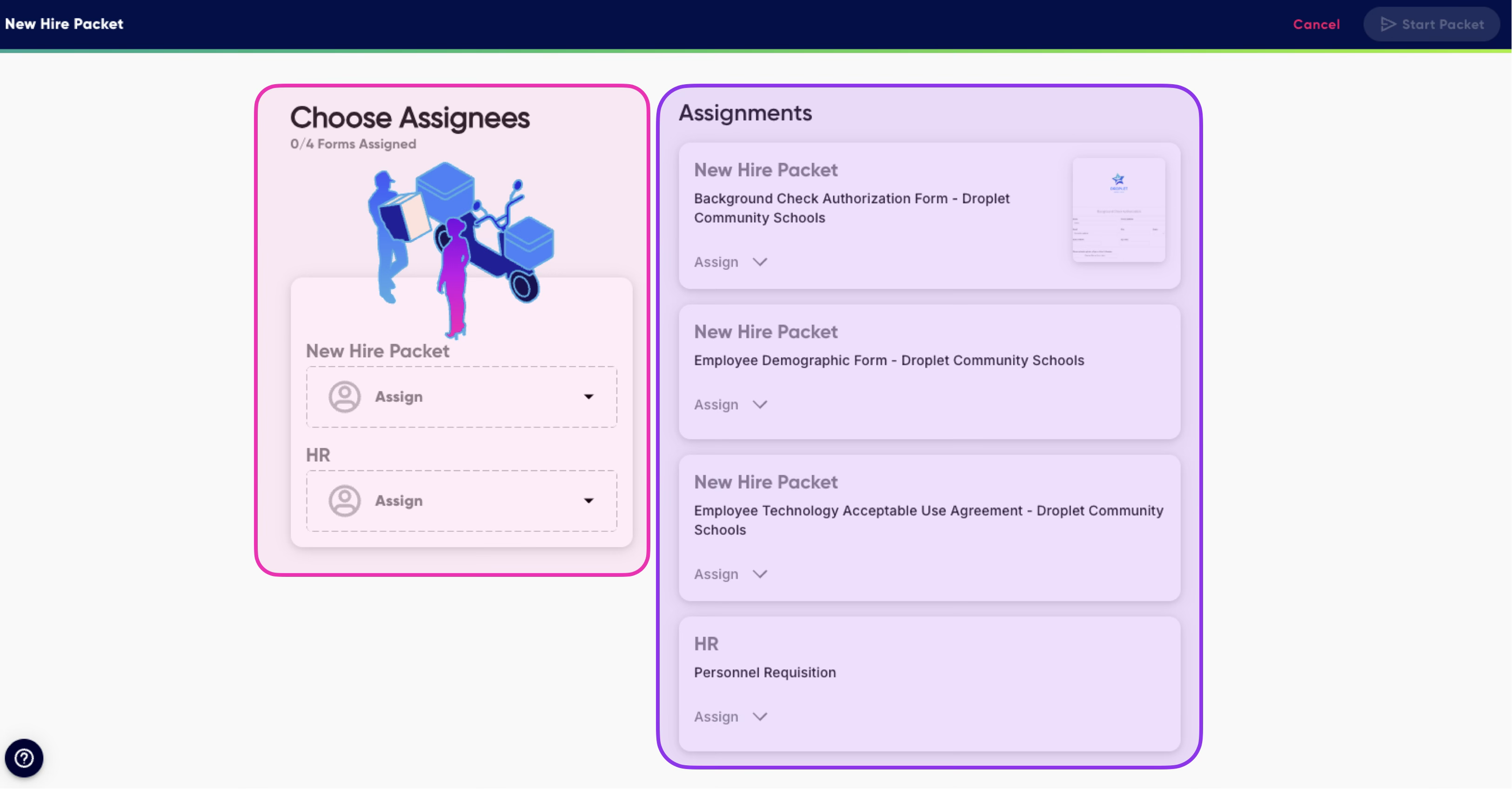The Packet setup window showing contributor assignment dropdowns on the left and form assignments on the right