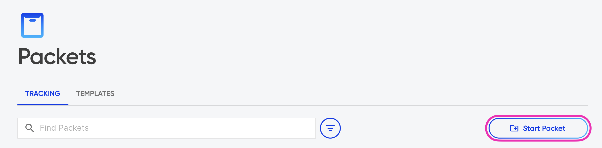 The Packets page showing the Start Packet button on the Tracking tab