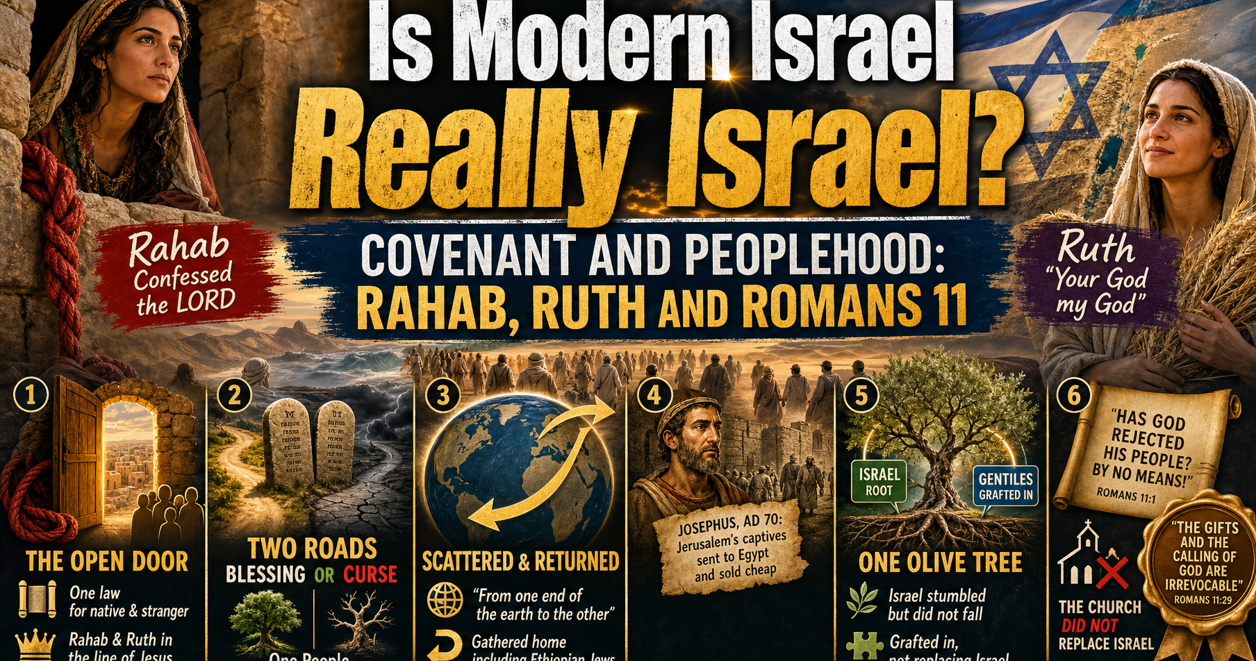 Day 2: Rahab at her window and Ruth with wheat frame six panels, from the open door to the Romans 11 olive tree with Gentiles grafted in