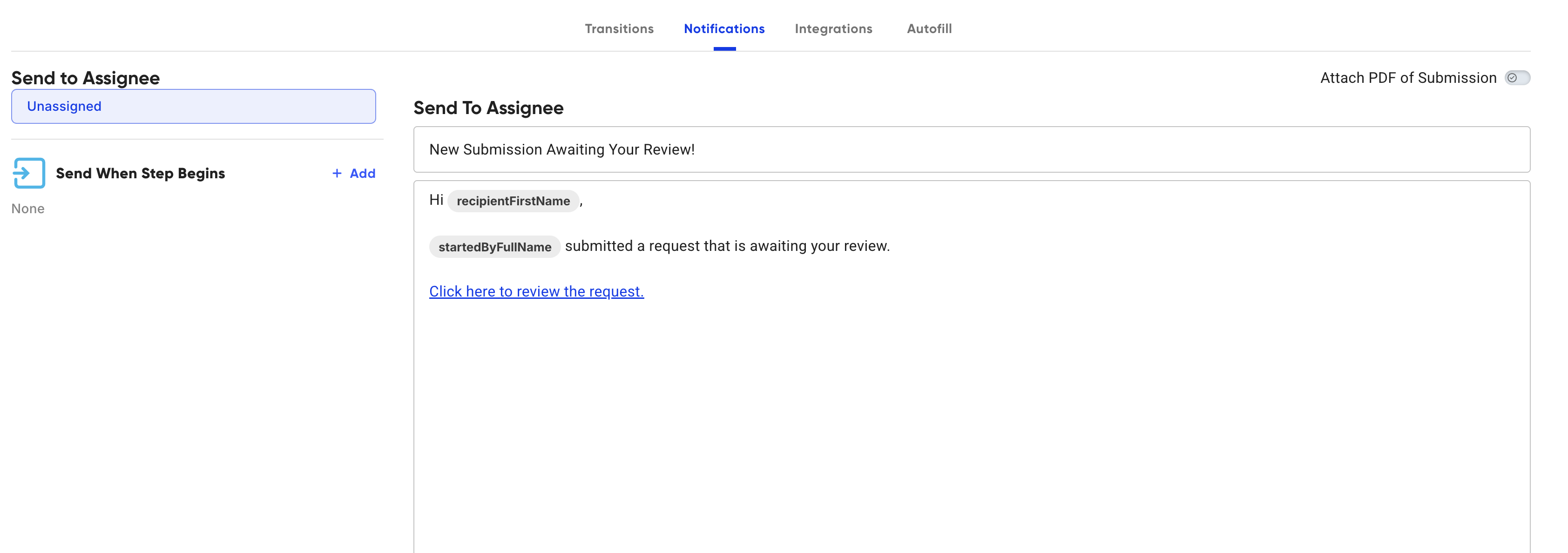 The Notifications tab with Send to Assignee selected, showing the subject field and email body editor