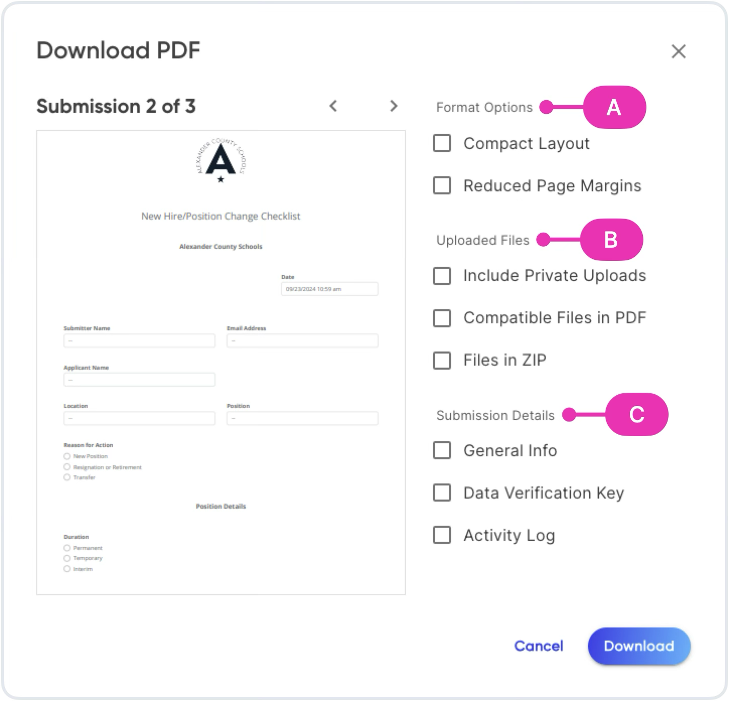The download dialog showing format, uploaded files, and submission details options