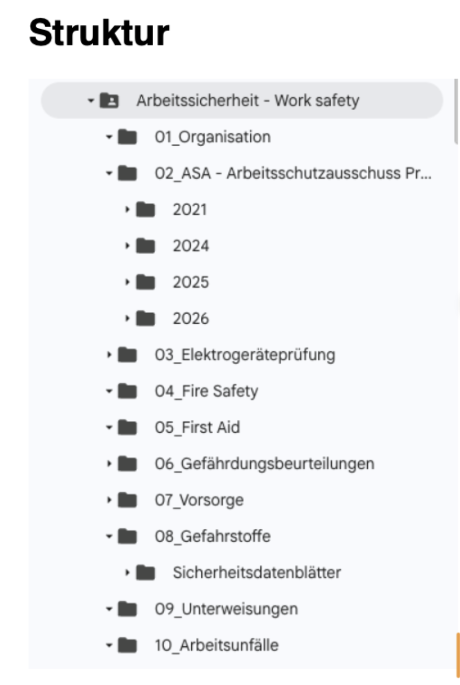 Ausschnitt: Ordnerstruktur für eine Arbeitsschutz-Prüfung