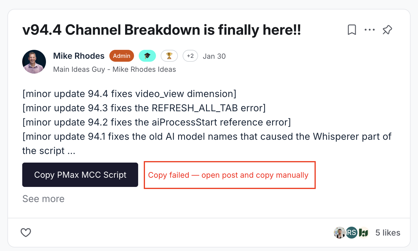 Unable to Copy MCC Script 94.4 | Mike Rhodes Ideas