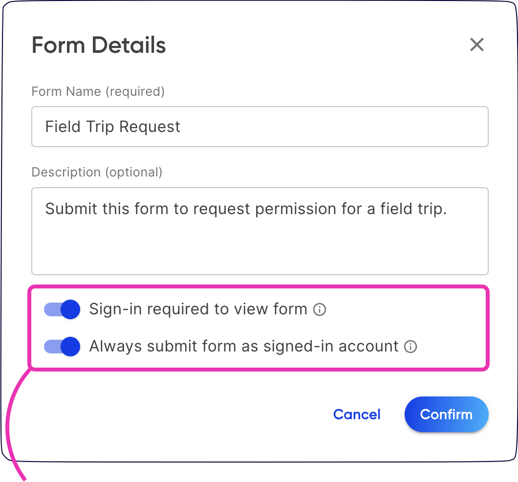 The Edit Form Details panel showing two sign-in toggle switches