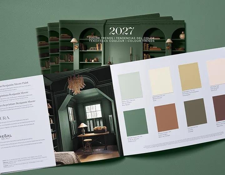 Benjamin Moore's Color Trends 2027 palette card with Webster Green