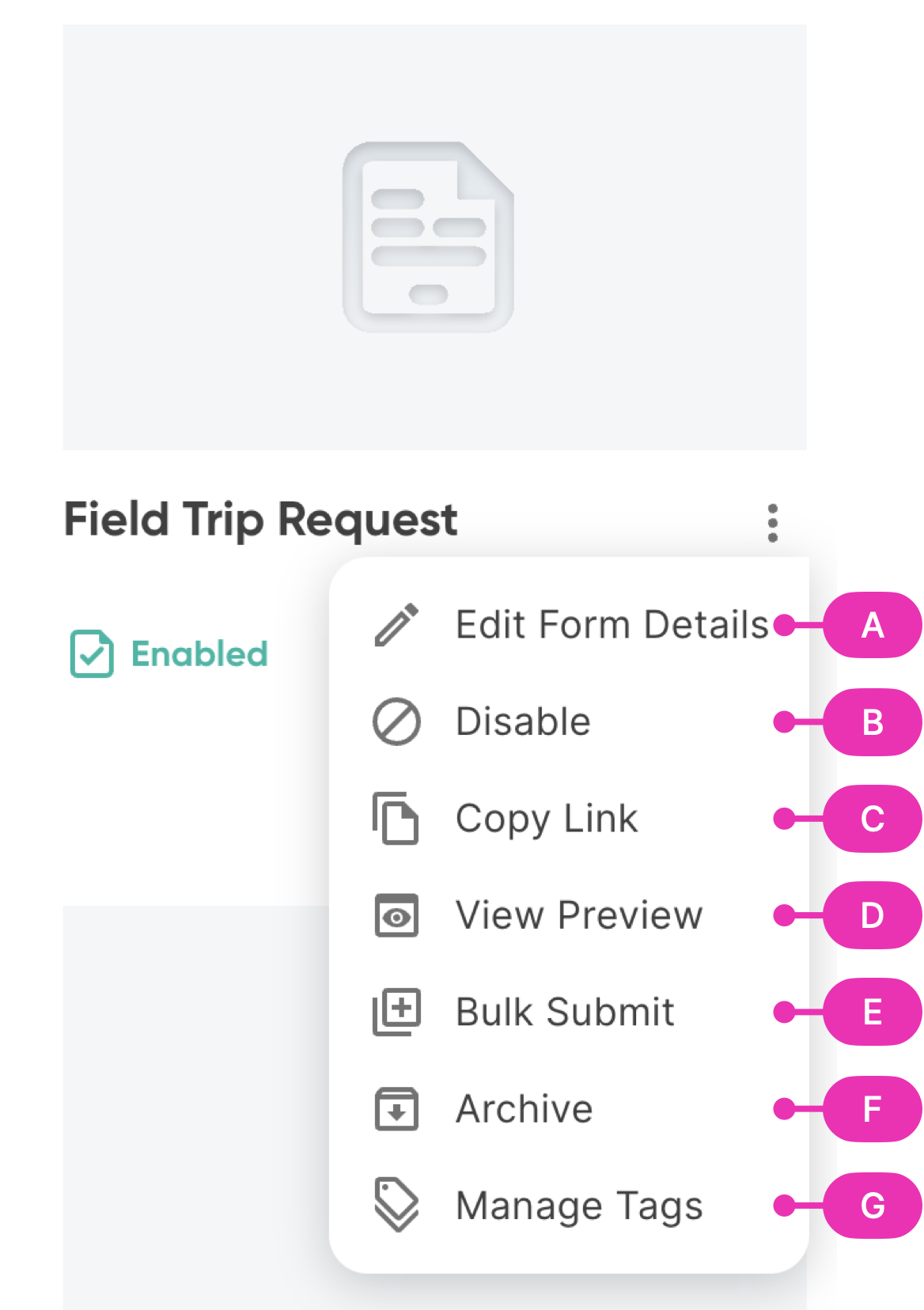 The three-dot menu on a form card showing options like Edit Form Details, Disable, Copy Link, and Archive
