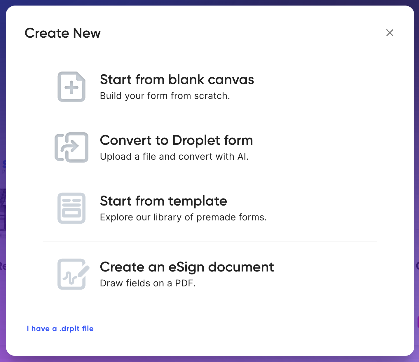 The new form dialog showing Blank, Convert, Template, and eSign options