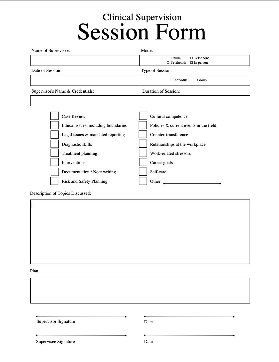 Clinical Supervision Session Form Template | Mentally Fit Pro