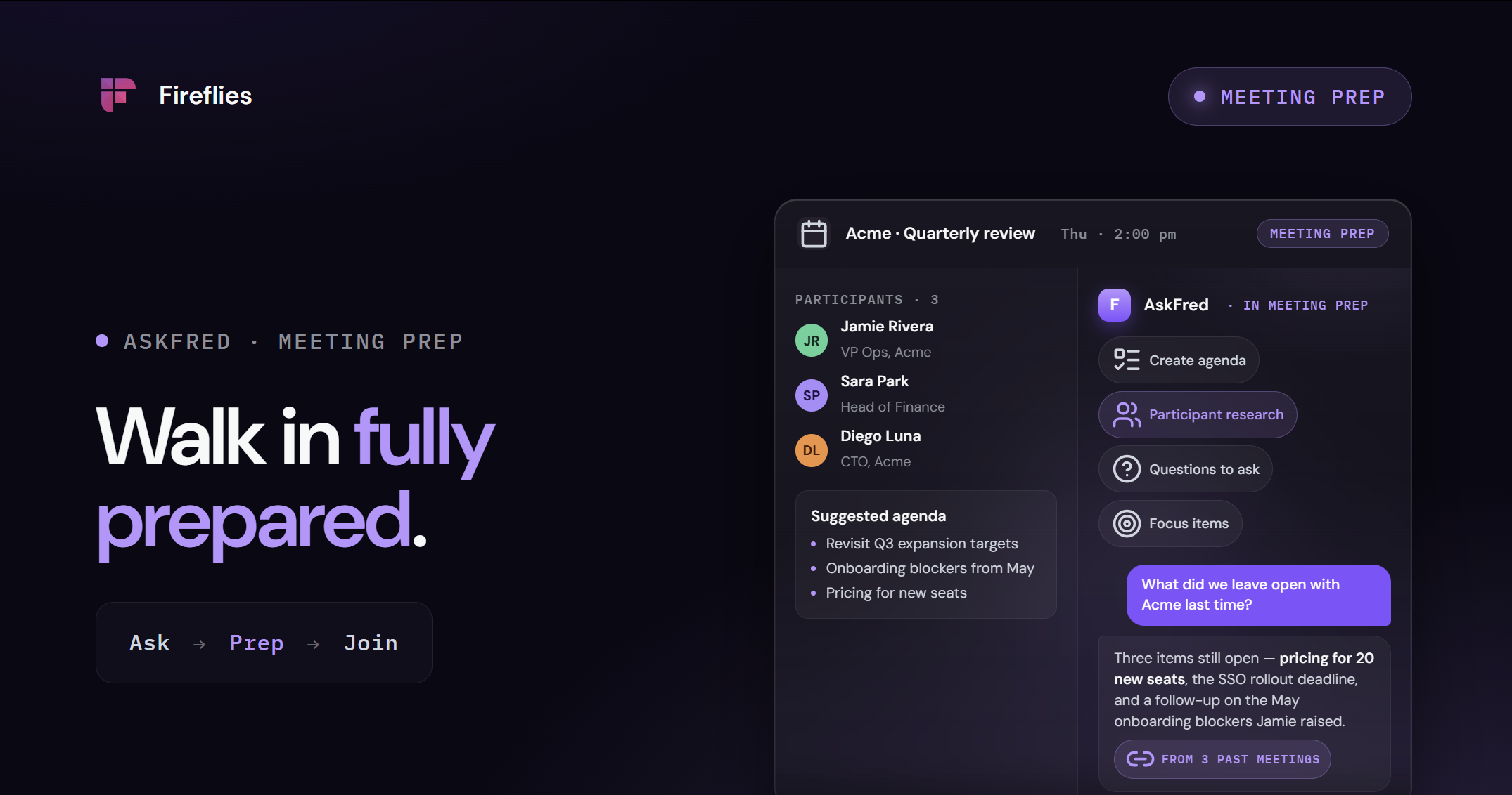 AskFred is now available in Meeting Prep | Fireflies