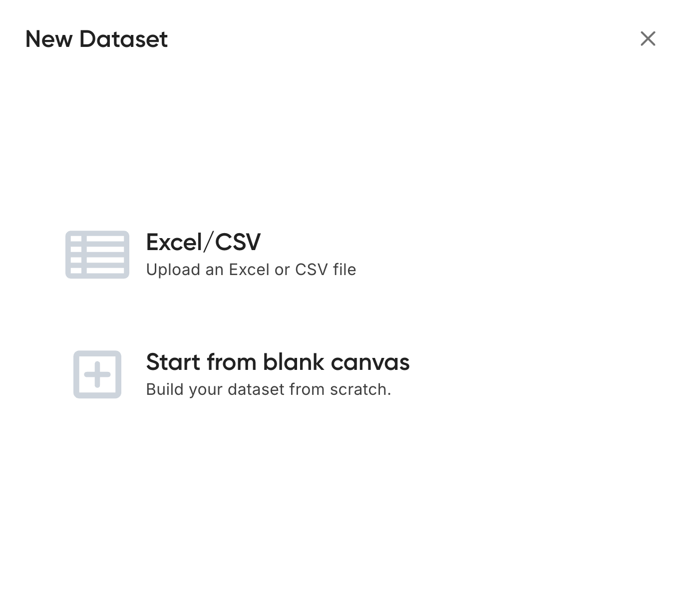 Dataset creation dialog showing two options: Upload file or Create manually