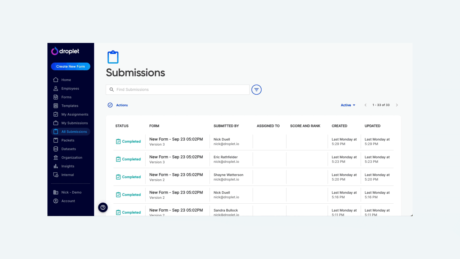Animated walkthrough showing how to select submissions and choose Download from the Actions menu
