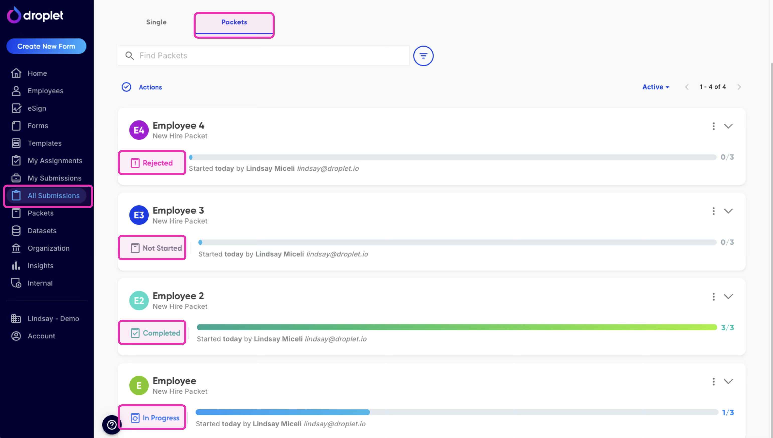 A Packet card on the All Submissions page showing color-coded progress indicators for each form