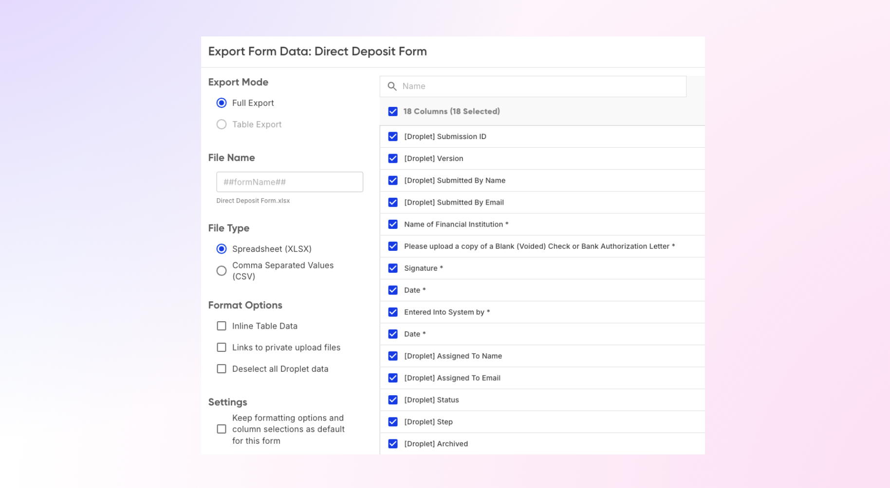 The export dialog showing format, table data, upload links, Droplet columns, and save settings options