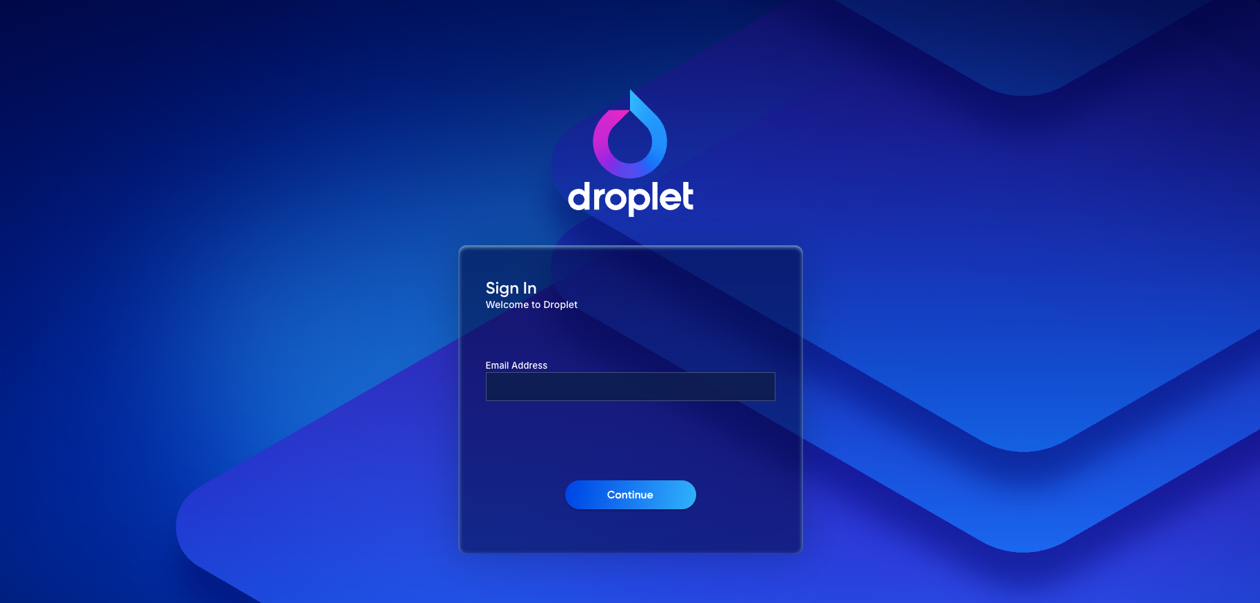 The Droplet login screen showing an email input field and Continue button