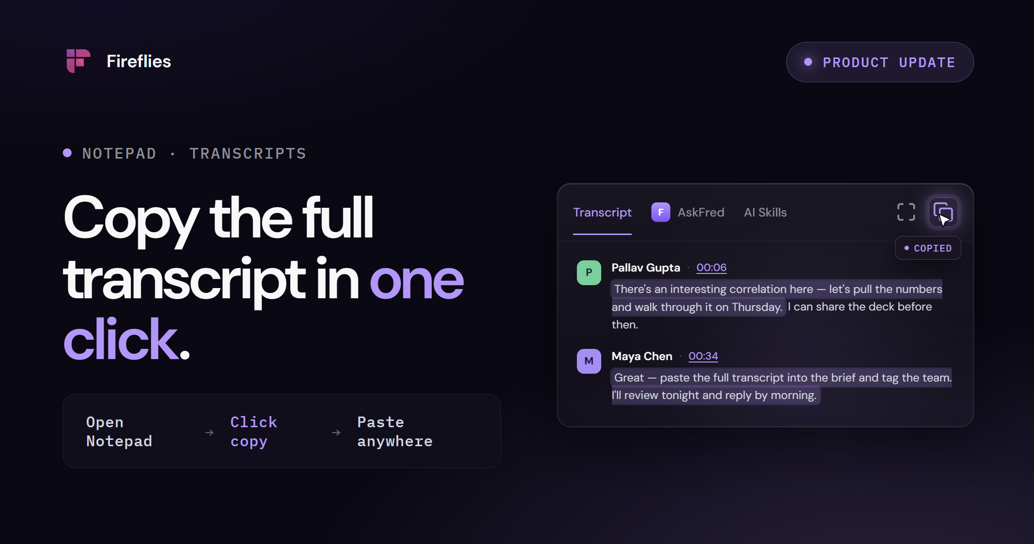 Copy meeting transcripts from Notepad | Fireflies